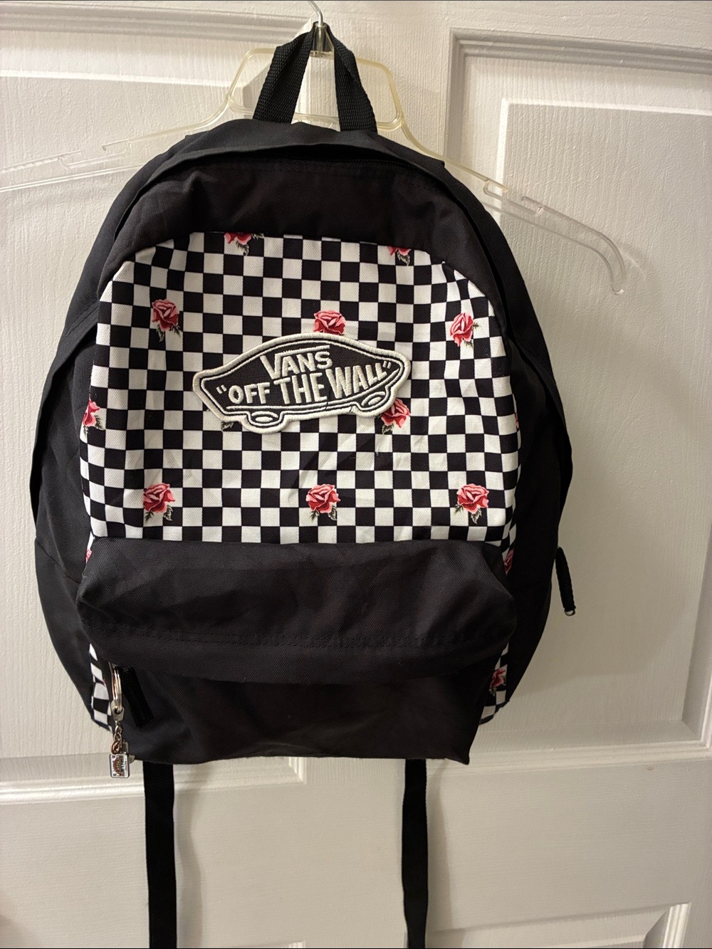 Vans Black Checkerboard Backpack with Red Rose Accents